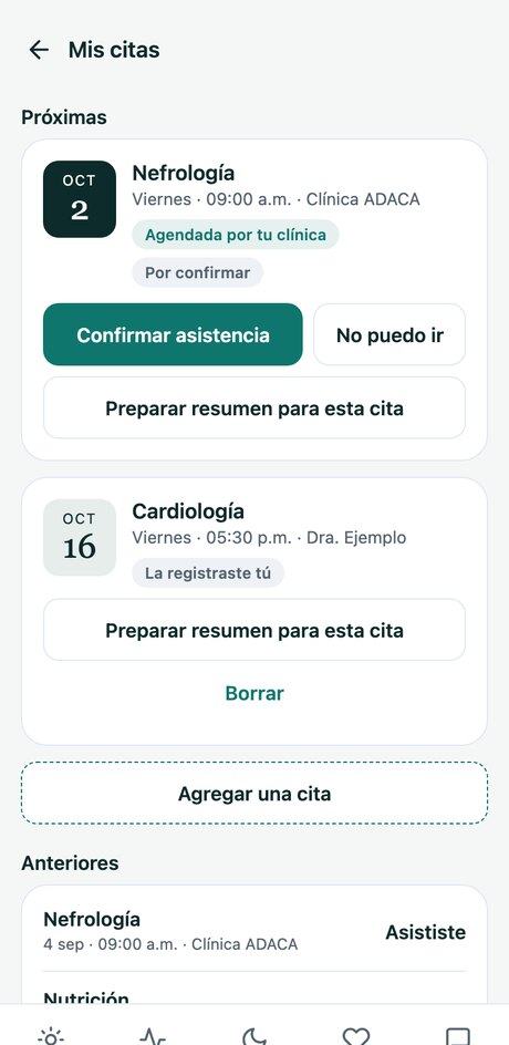 Pantalla Mis citas: próximas citas con opción de confirmar y preparar resumen