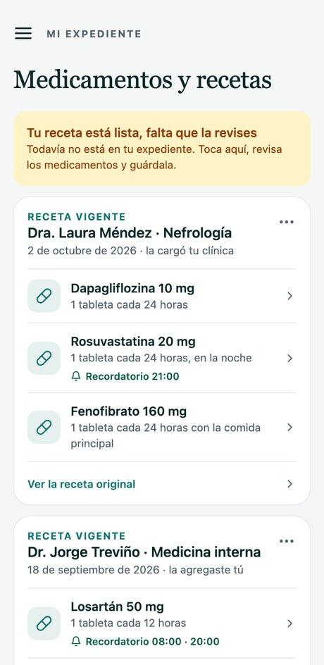 Pantalla Medicamentos y recetas con recordatorios