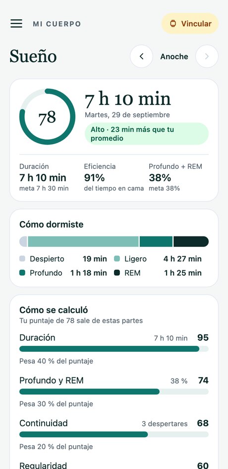 Pantalla Sueño: horas dormidas, fases y cómo se calculó el puntaje