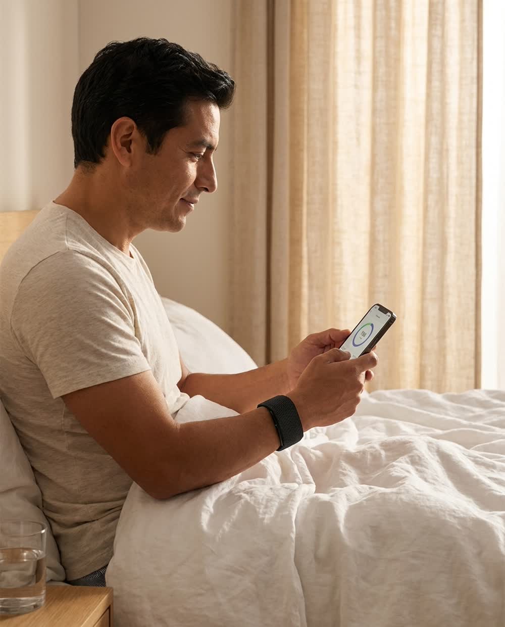 Hombre sentado en la cama por la mañana revisando su puntaje de sueño en la app, con la pulsera Biometriv puesta